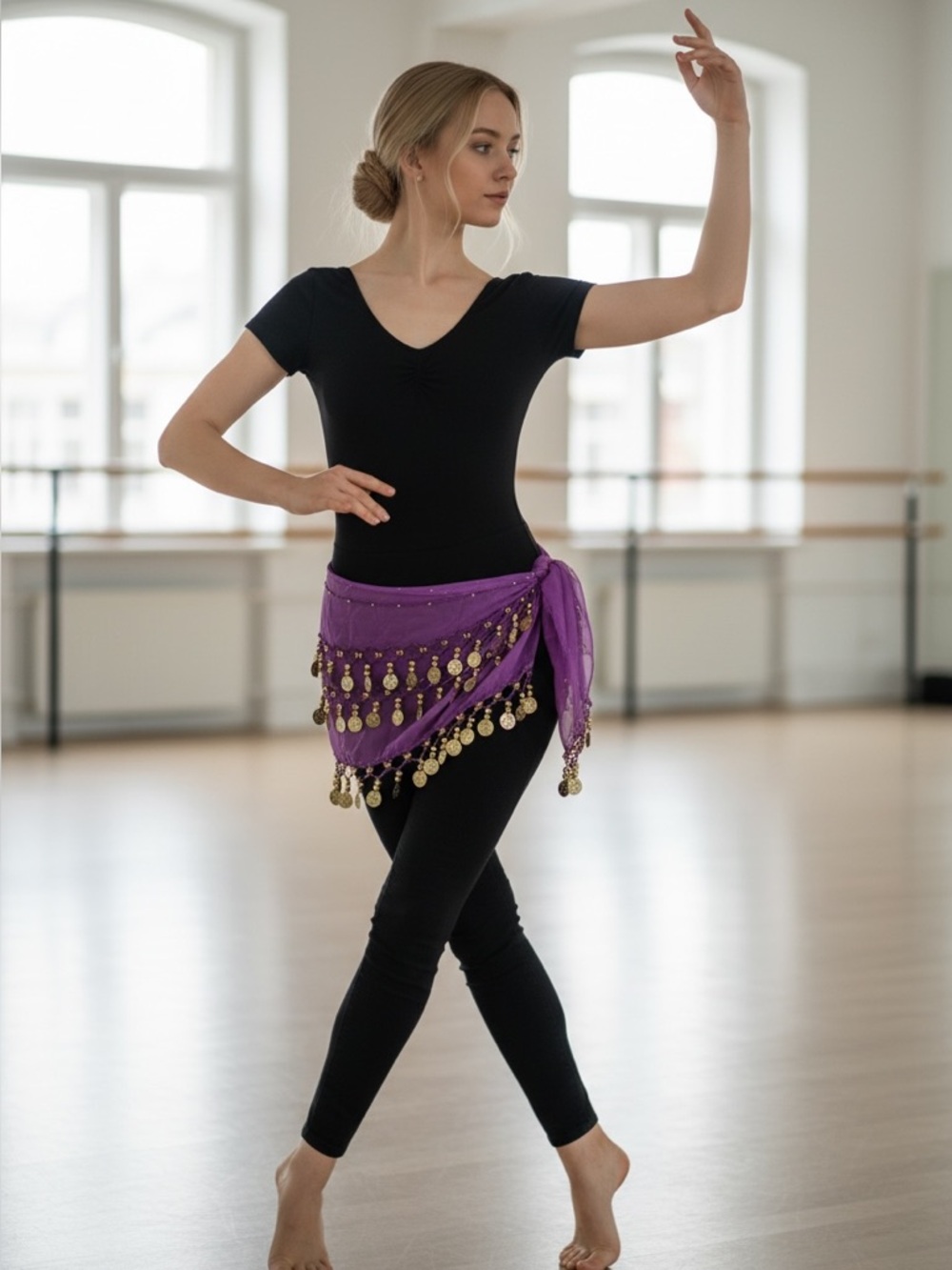 Purple Coin Fringe Belly Dance Hip Scarf - Gold Coins